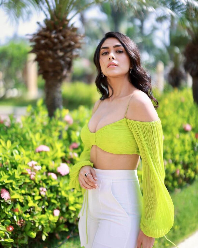 Mrunal Thakur in sexy green top and white pant