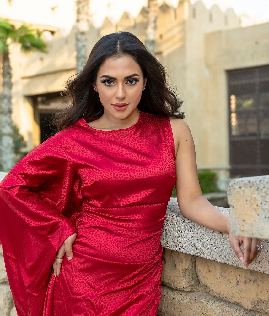 Actress Nusraat Faria in red outfit