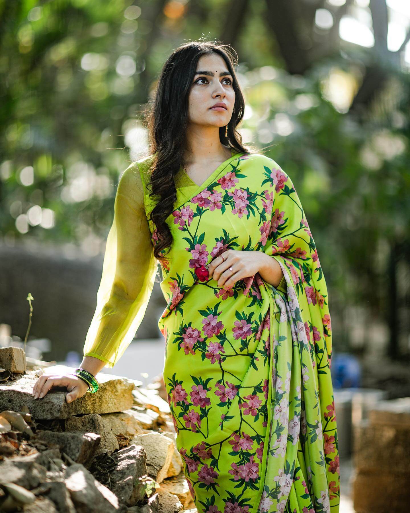 Actress Rukmini Vasanth in light green saree