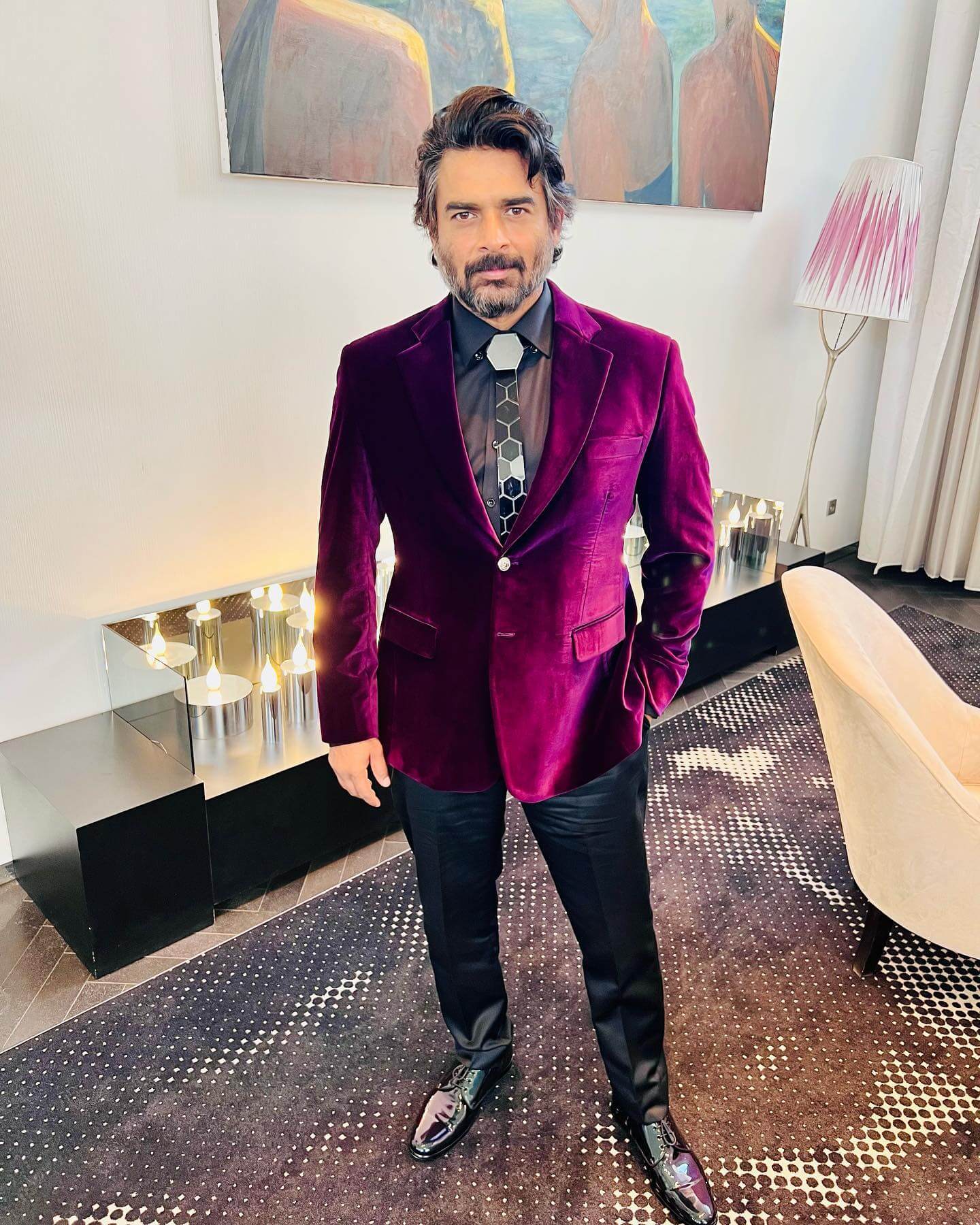 Actress R Madhavan in stylish violet suit