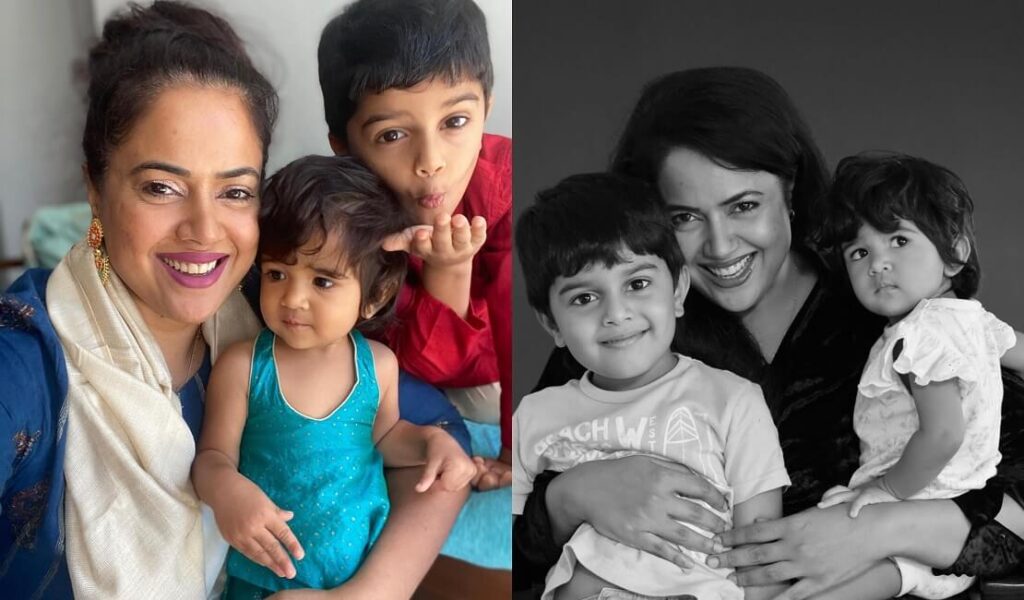 Sameera Reddy with daughter and son