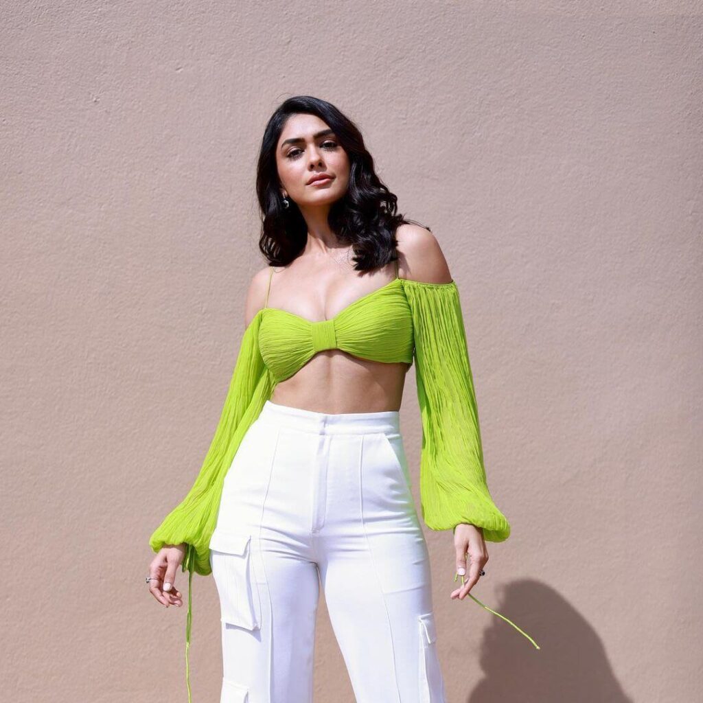 Mrunal Thakur in sexy green and white outfit
