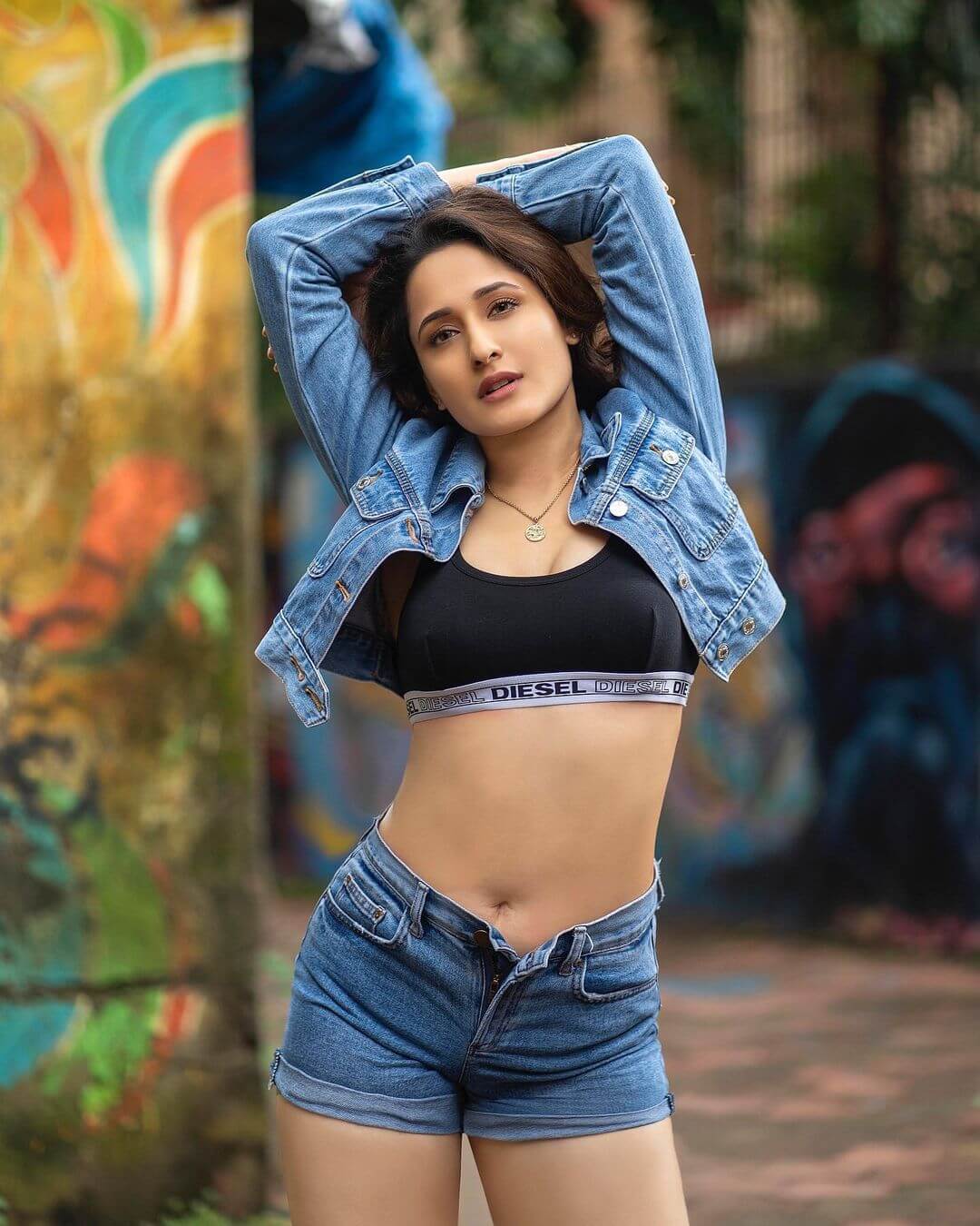 Pragya Jaiswal in sexy black sport bra and blue shorts