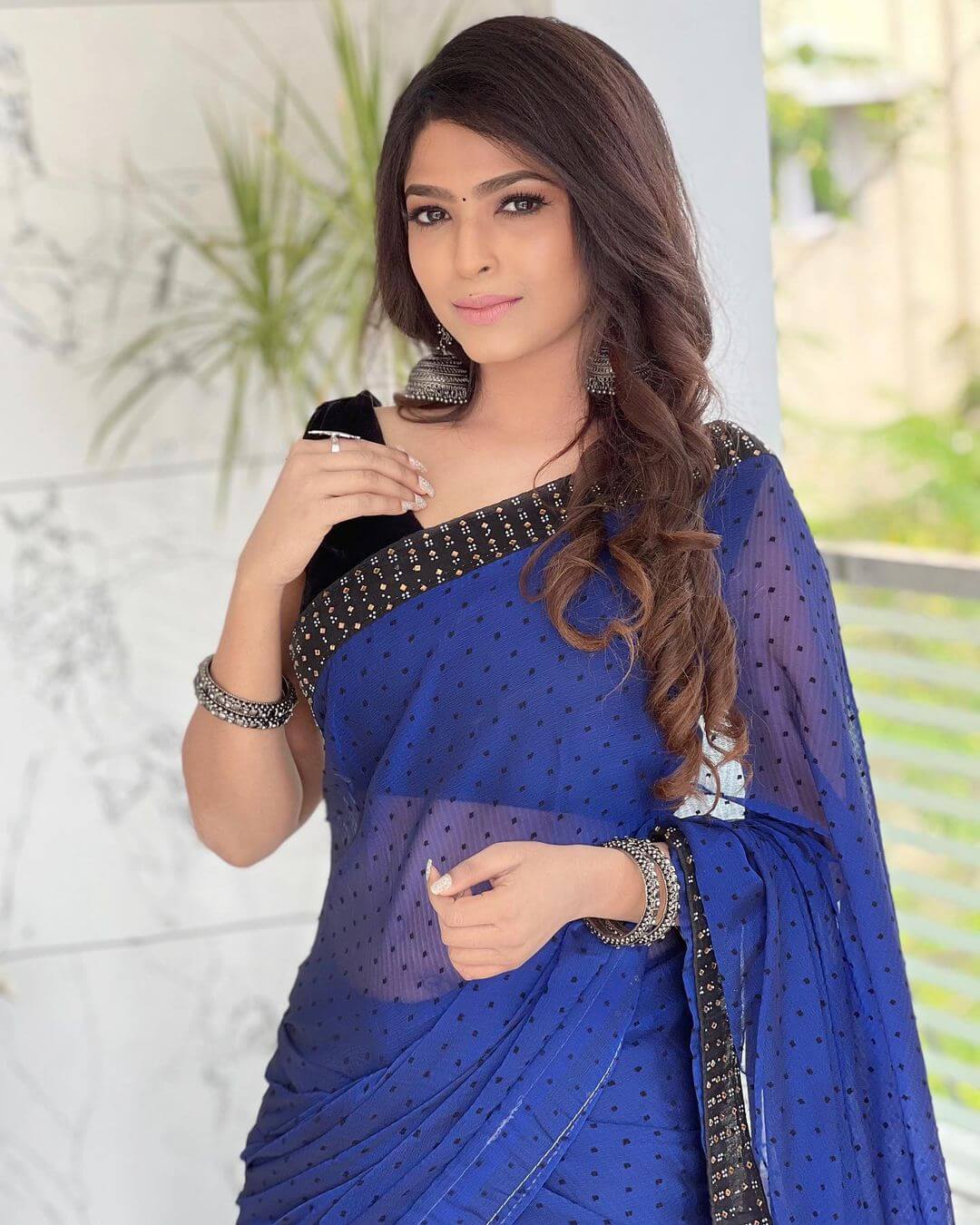 Actress Bhavyashri in dark blue saree