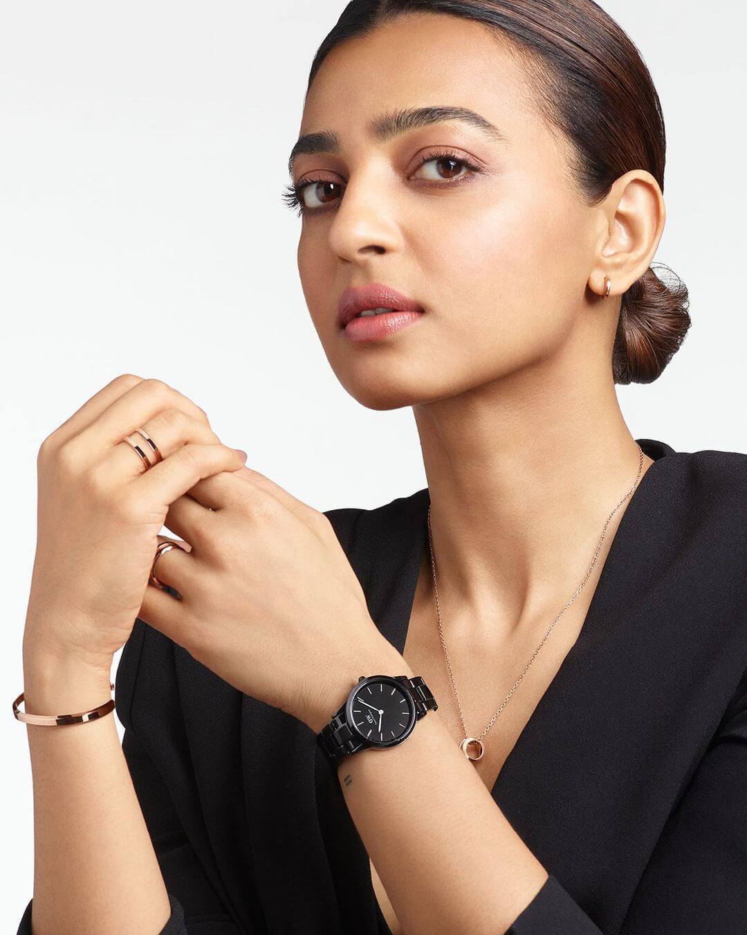 Actress Radhika Apte close up shot in black outfit 
