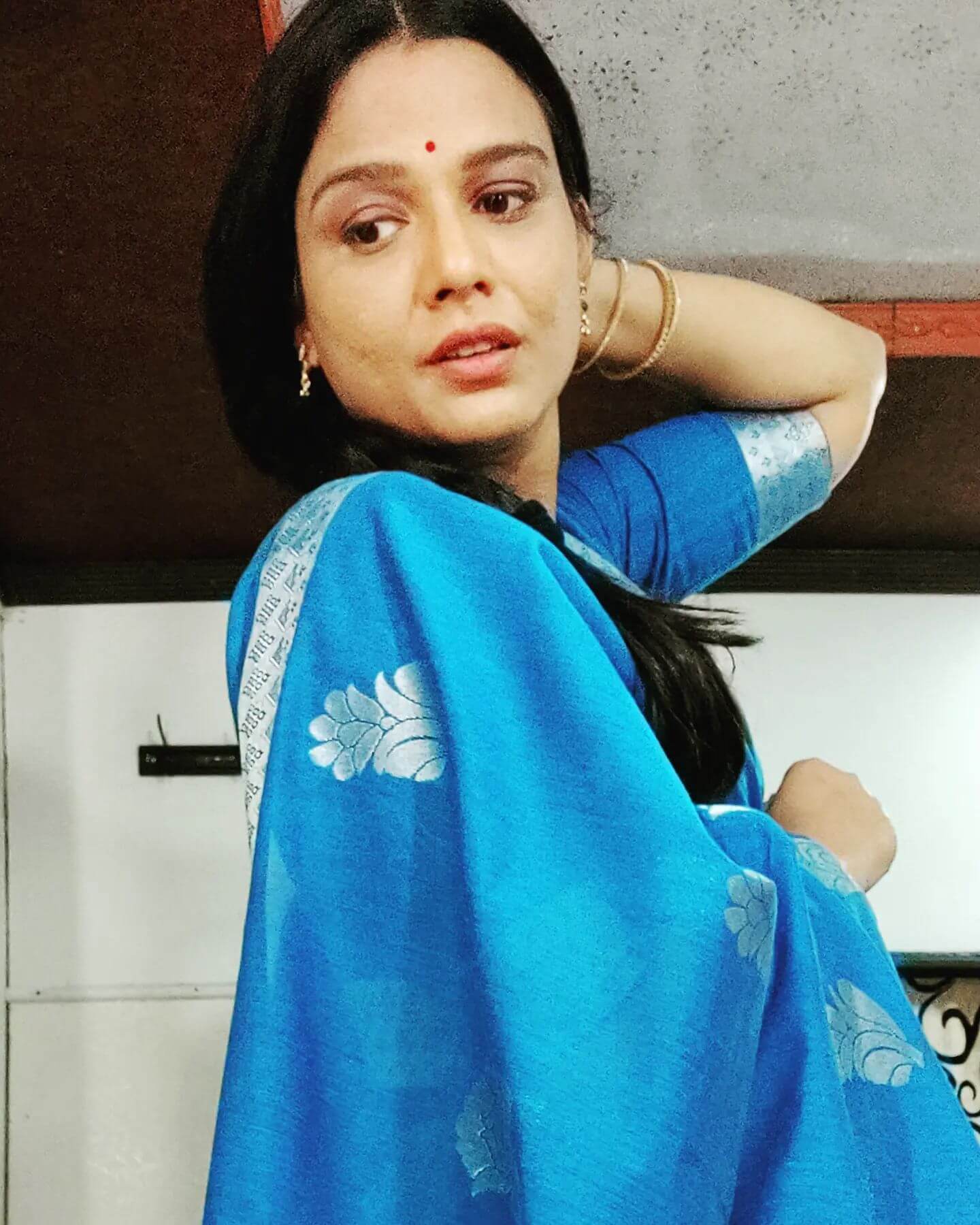 Actress Bindu Pagidimarri in light blue saree