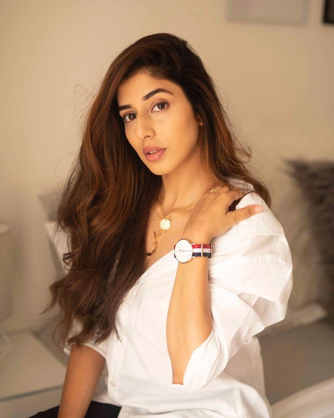 Actress Jasmin Bajwa stylish look in white shirt