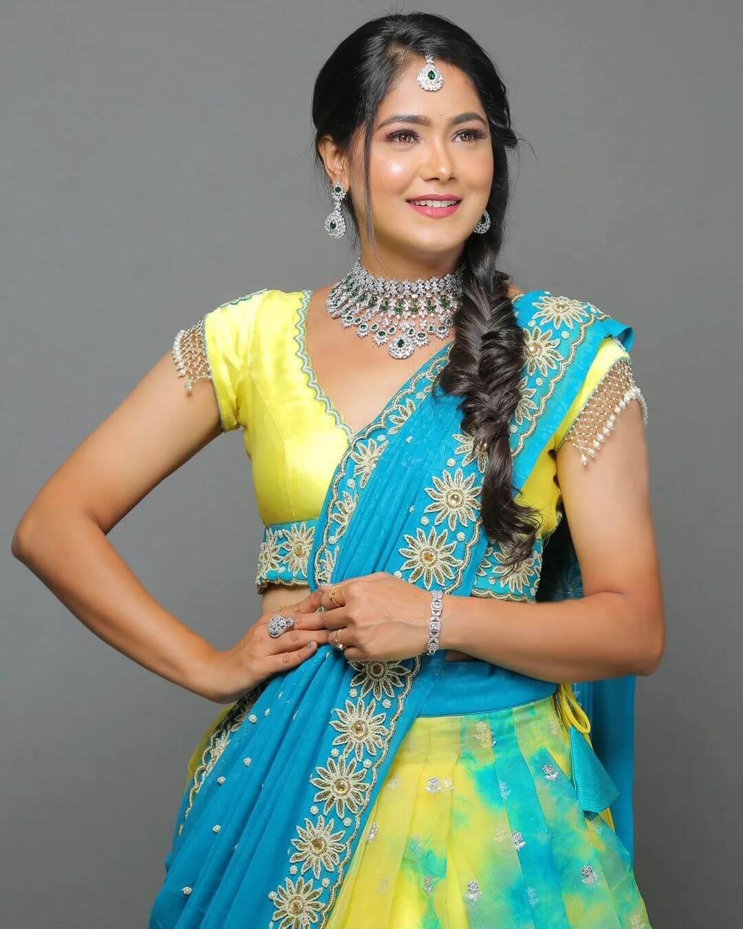 Actress Mokshitha Pai in light blue half saree