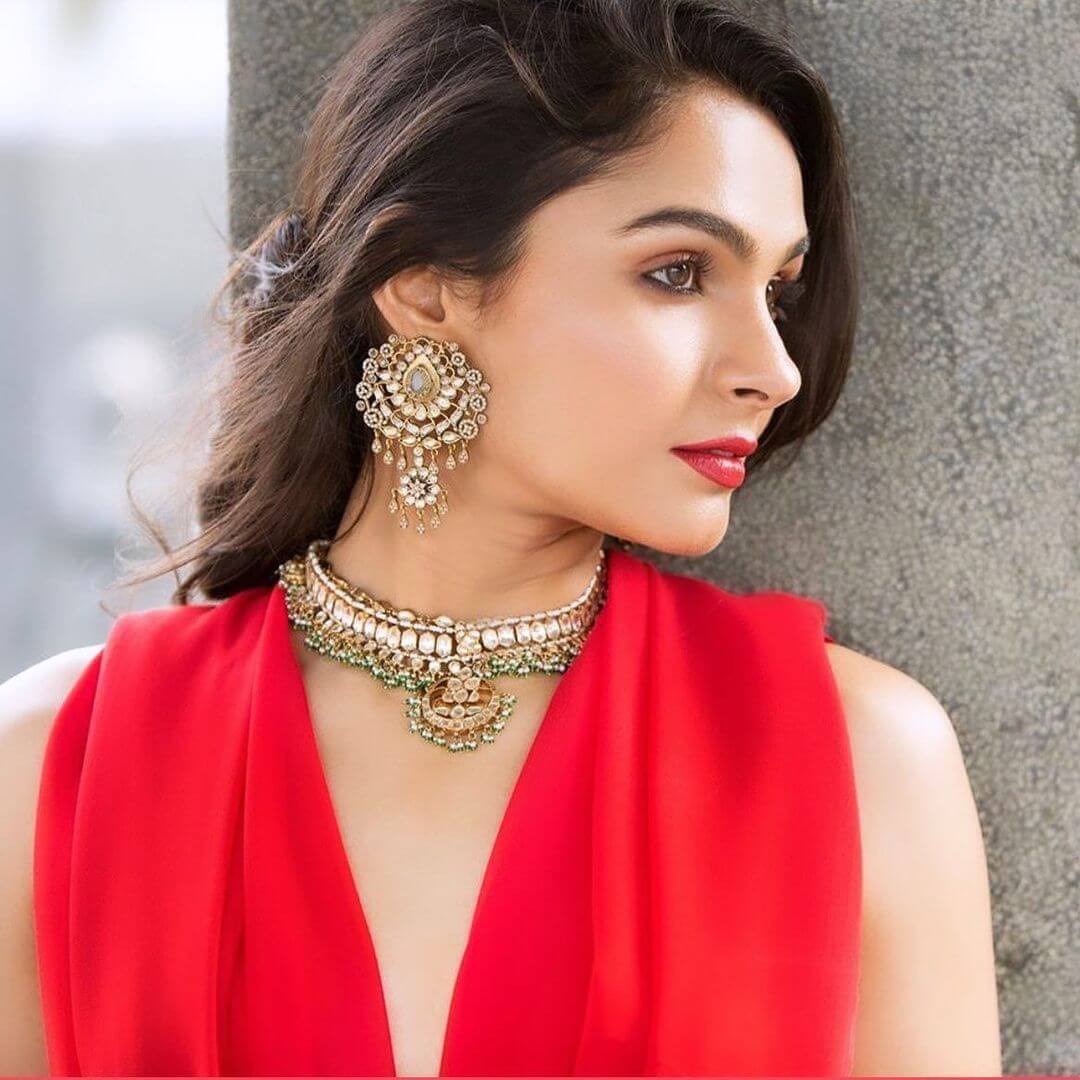 Actress Andrea Jeremiah close up shot in red outfit