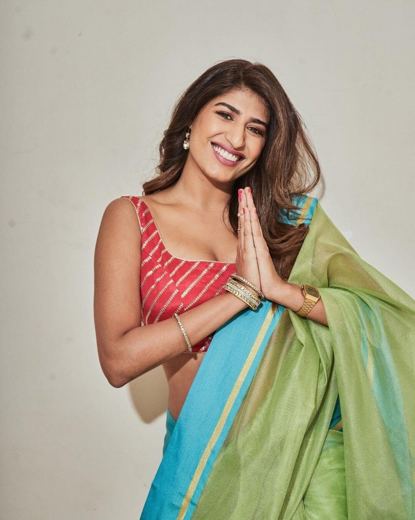 Actress Shreya Mehta in saree and sleeveless blouse