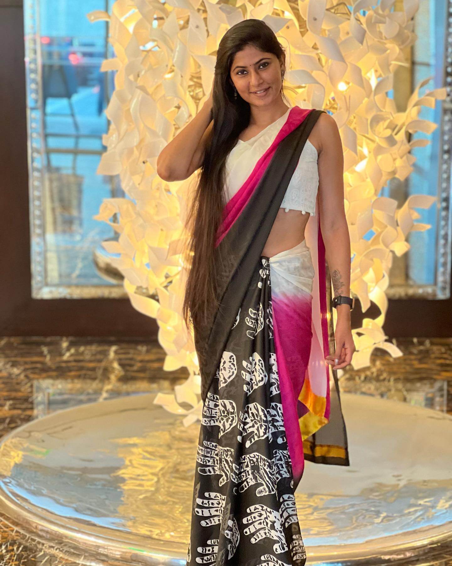 Neha Chowdary in sexy saree and sleeveless blouse