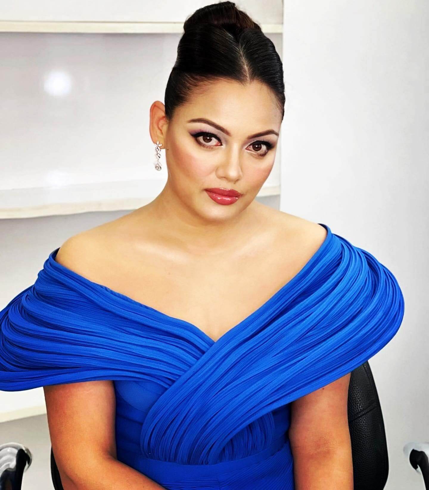 Actress Reecha Sharma close up in stylish dark blue outfit
