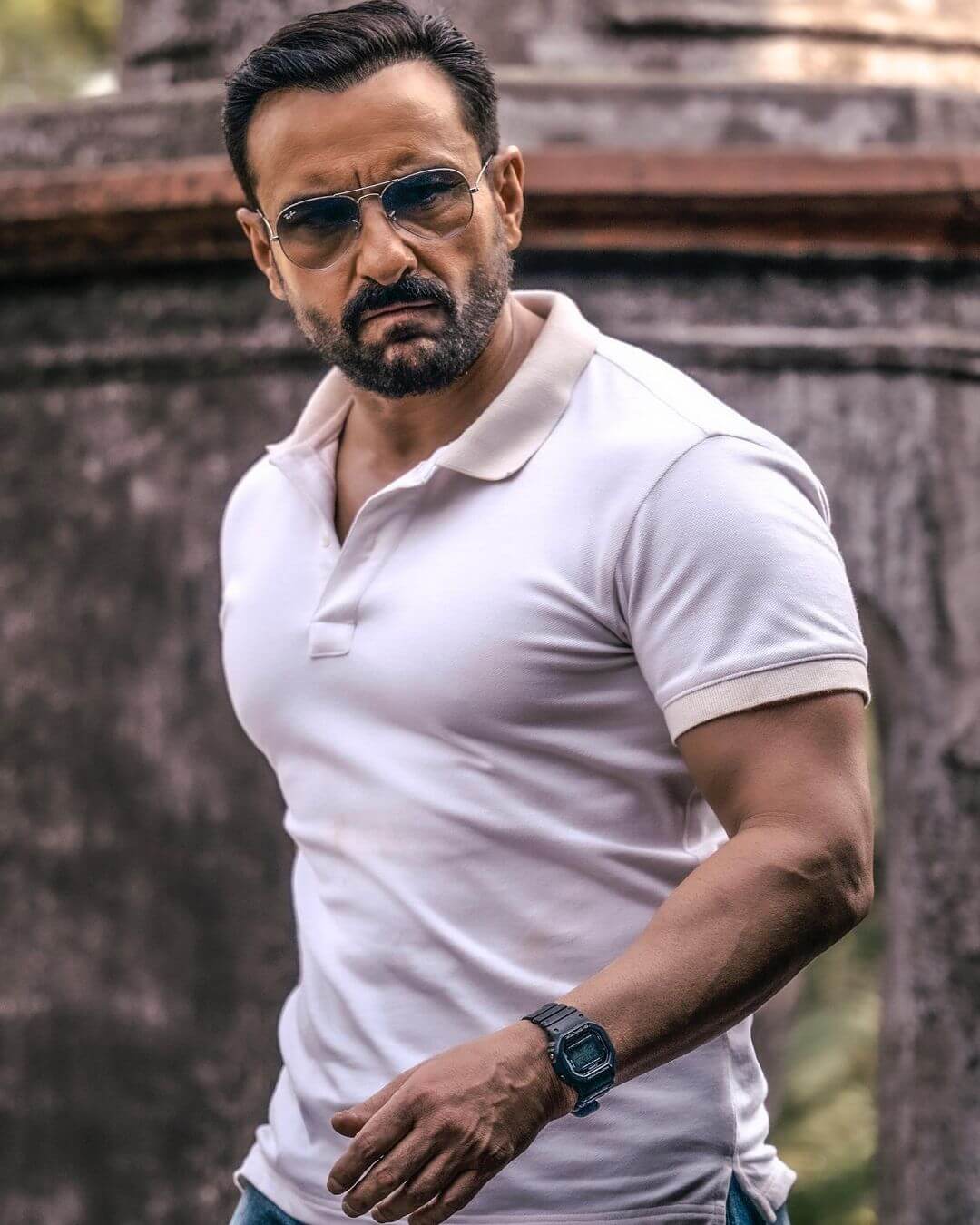 Actor Saif Ali Khan close up in white tshirt