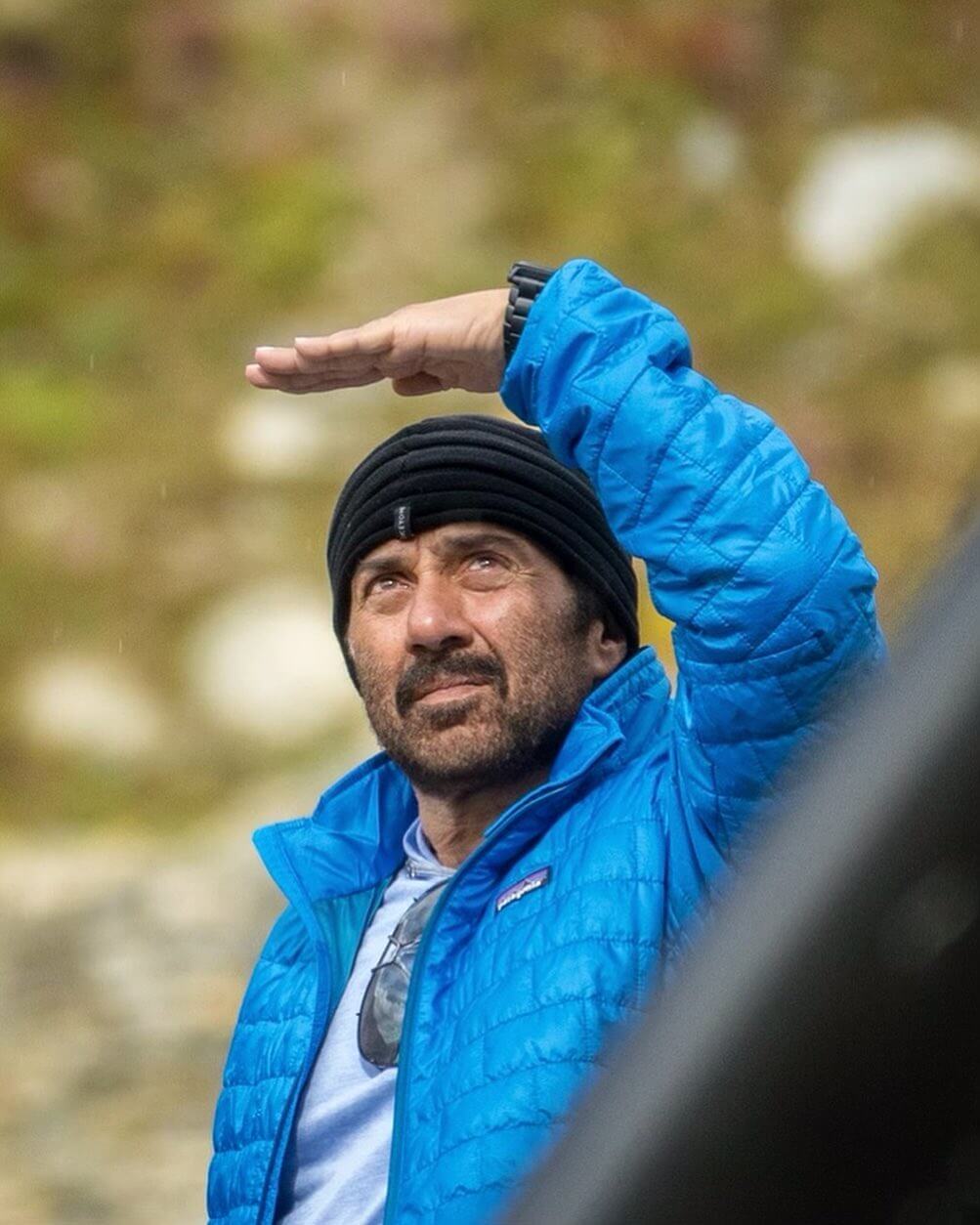 Actor Sunny Deol close up in blue jacket