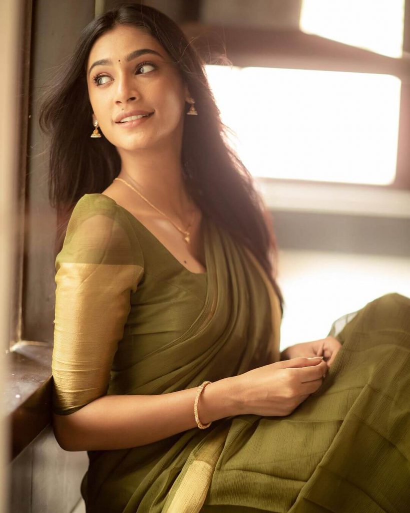 Actress Anukreethy Vas close up in saree