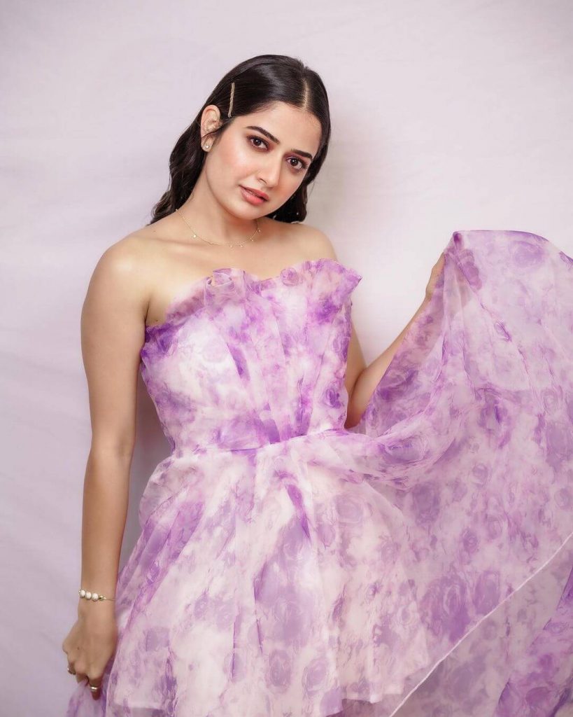 Actress Ashika Ranganath close up in gown