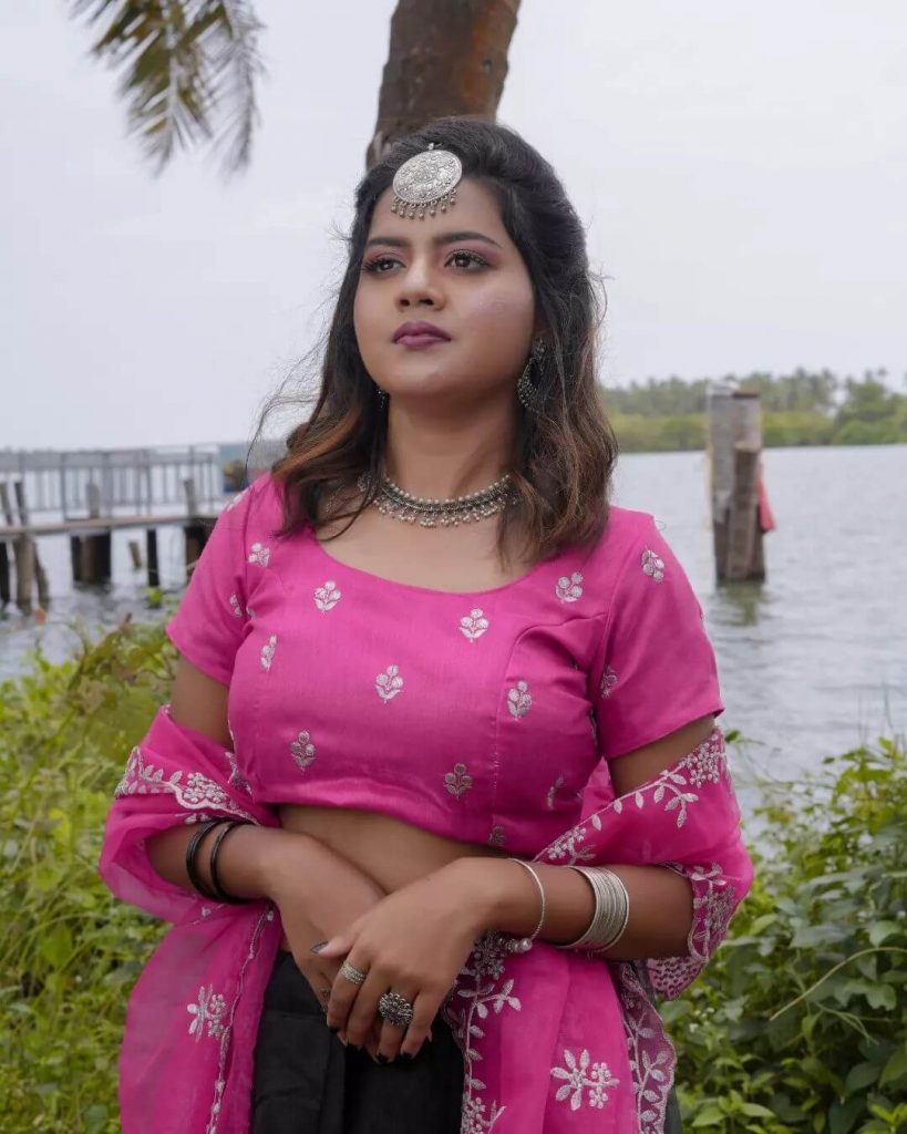 Actress Nandana Sahadevan in pink lehenga