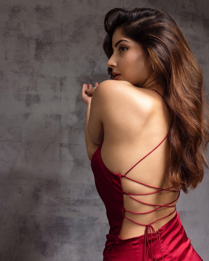 Actress Kashmira Pardeshi shot from back in sexy red gown 