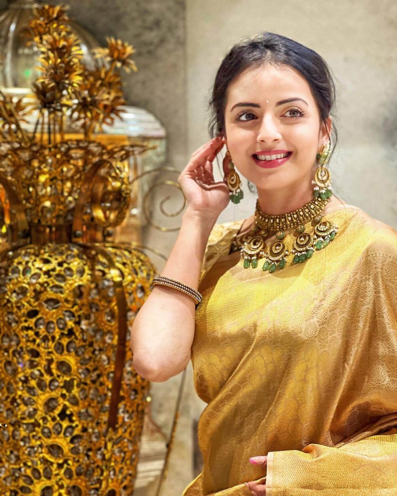 Actress Shrenu Parikh close up in gold color saree