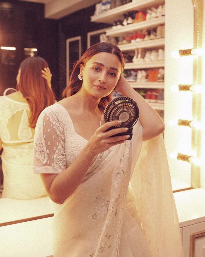 Actress Alia Bhatt in white net saree with embroidery