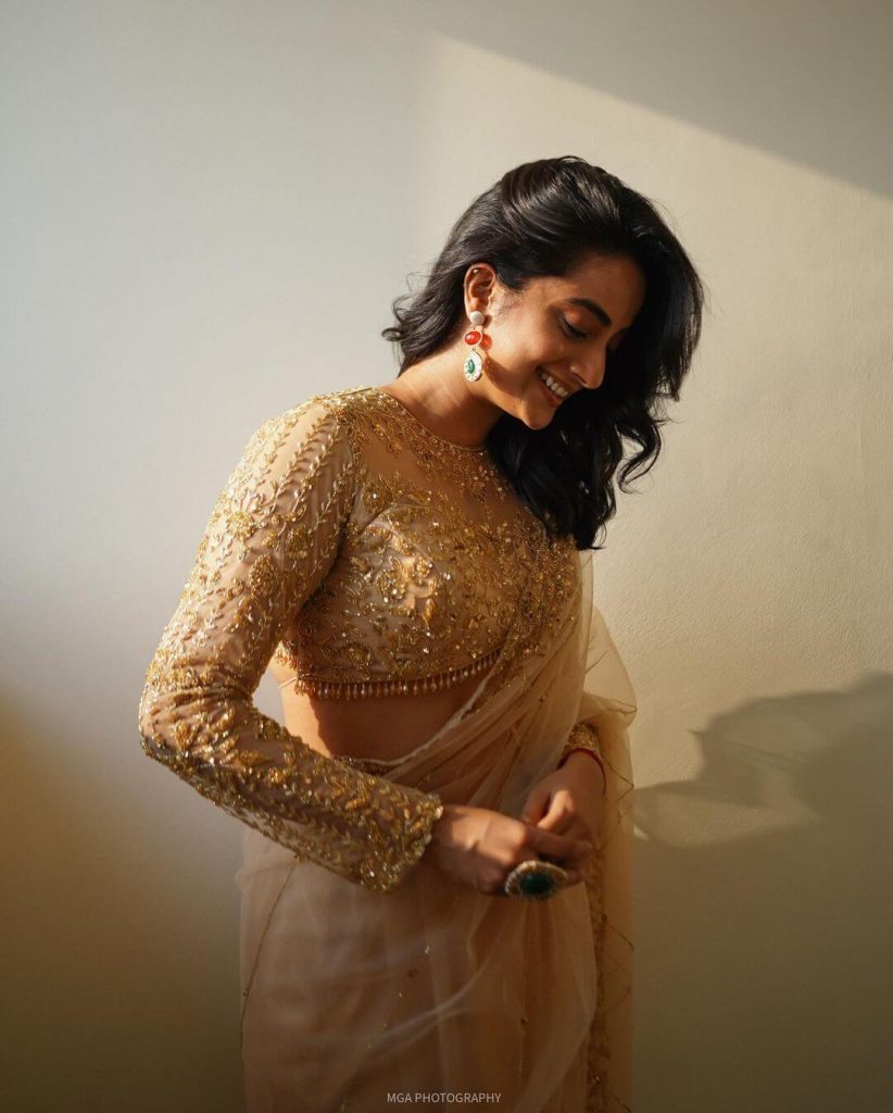 Actress Namitha Pramod in a Golden-Coloured Saree