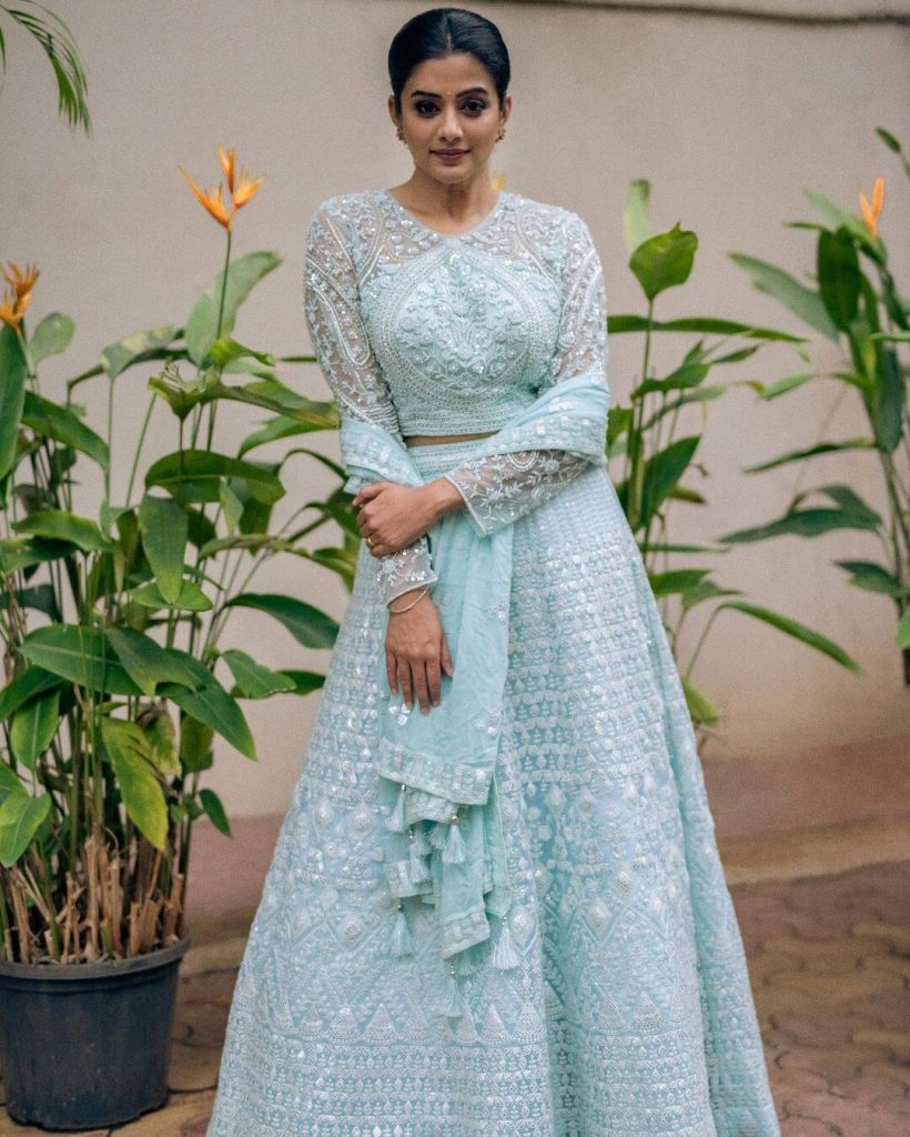 Actress Priyamani in light blue Embroidered Lehenga 