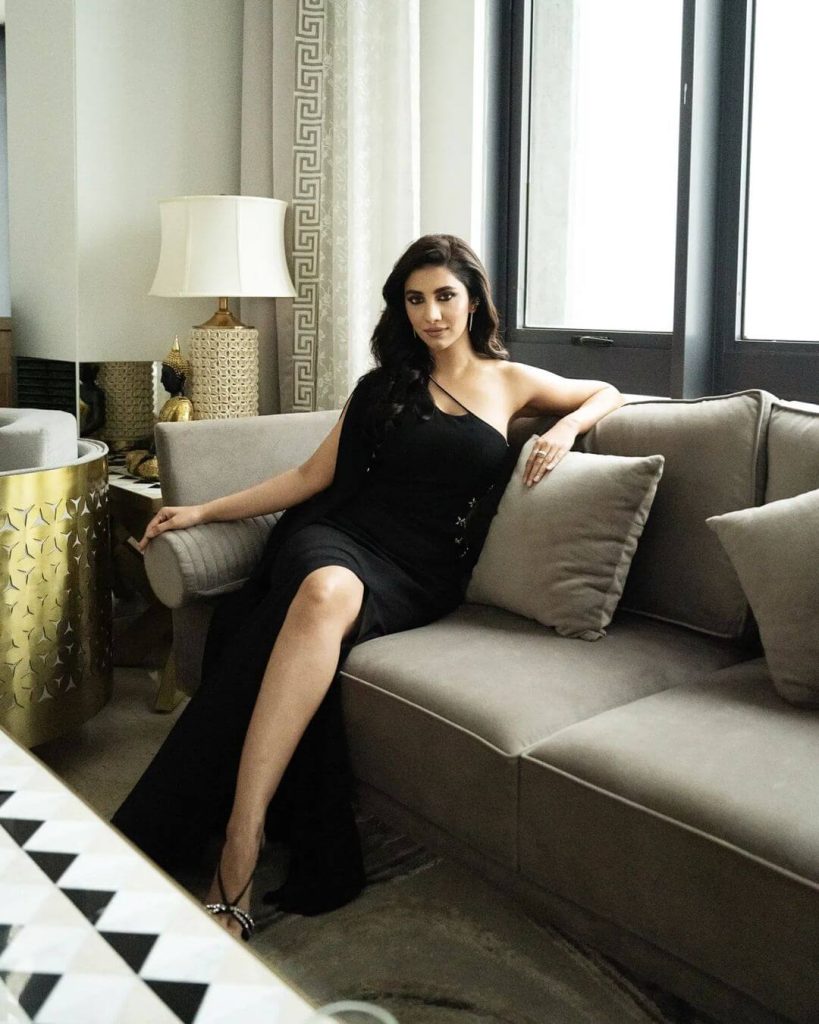 Actress Rukmini Maitra in black one-shoulder thigh-high slit gown