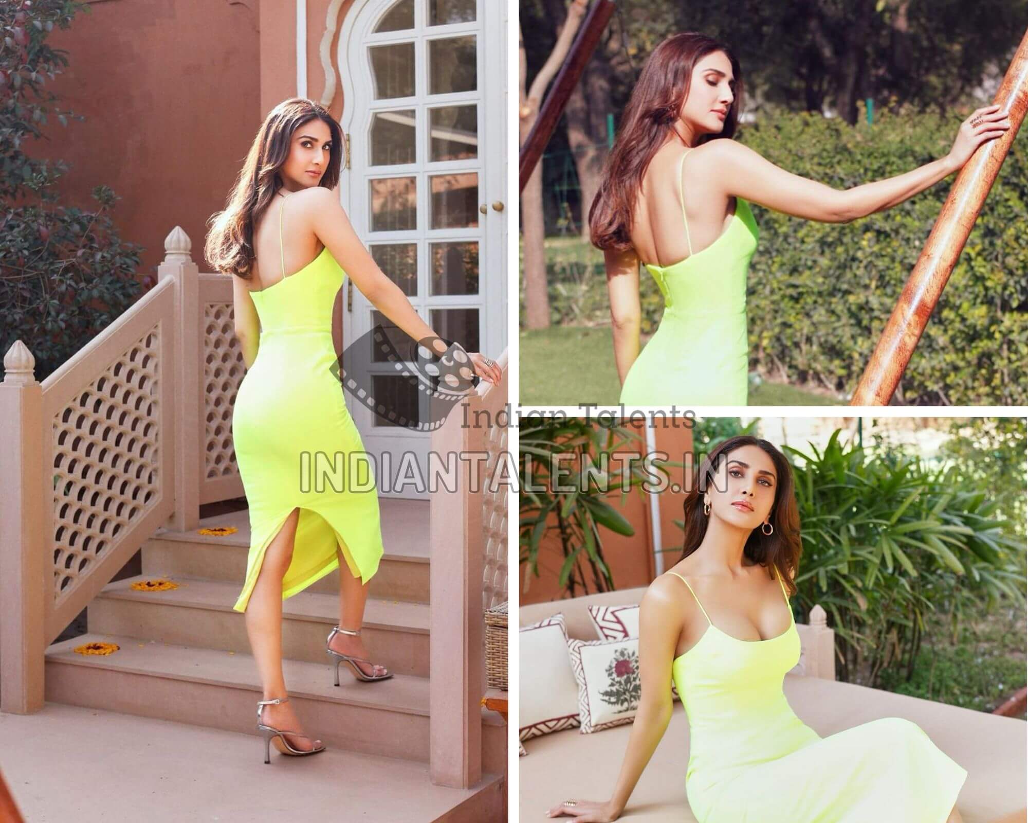Actress Vaani Kapoor in neon yellow slip dress