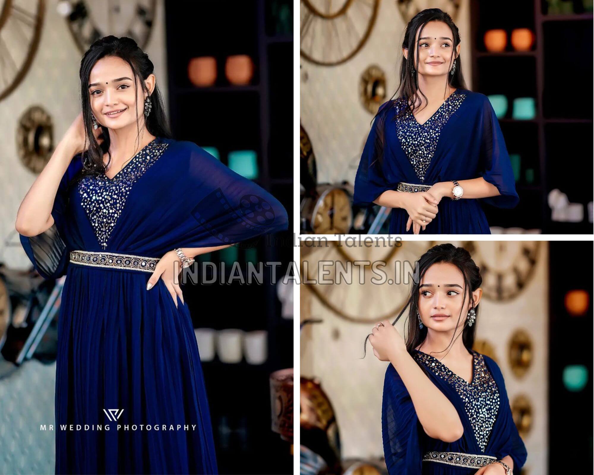 Meenakshi in blue embroidered gown