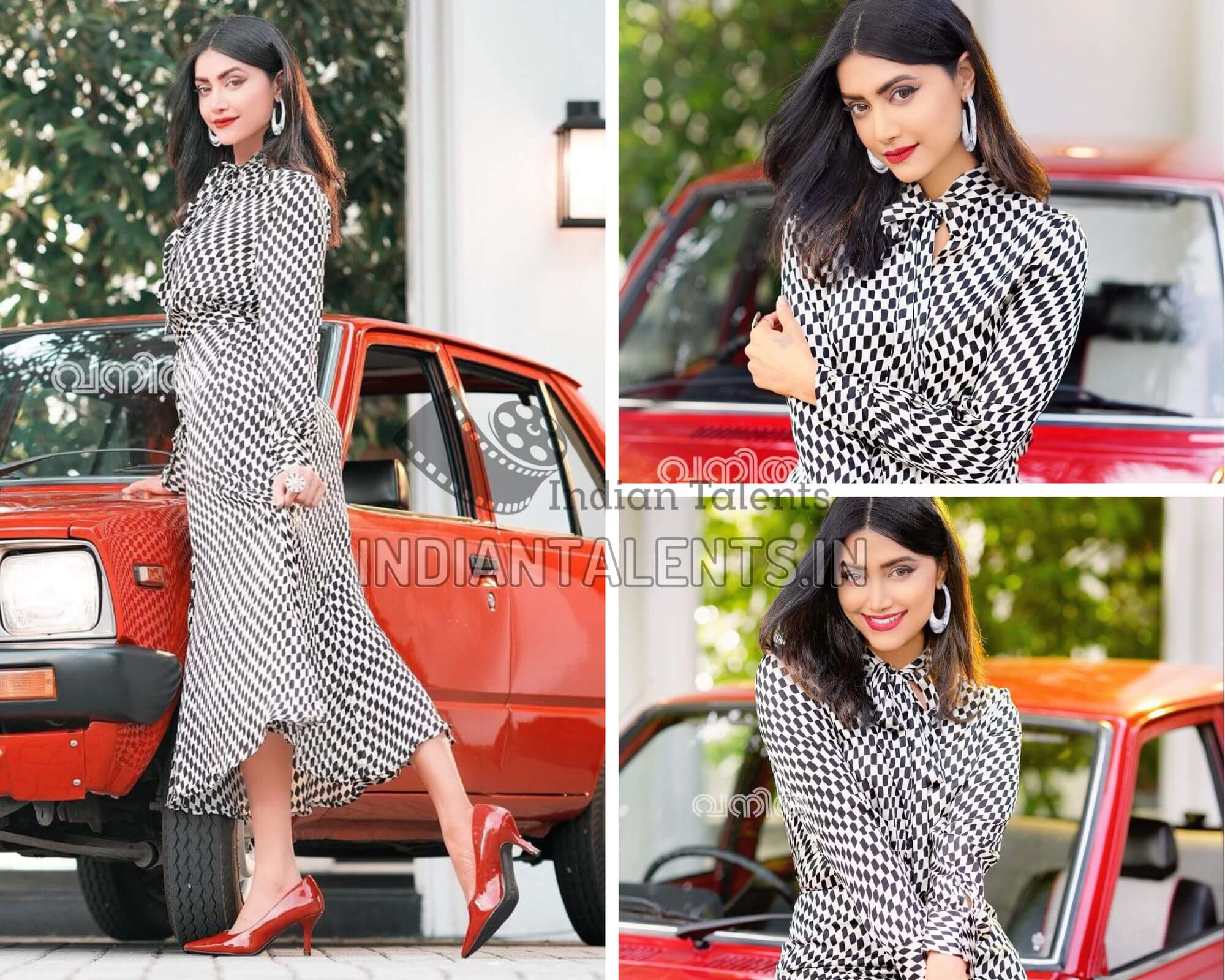 Actress Mamta Mohandas checkerboard print tie-neck attire